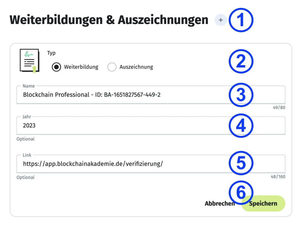 Screenshot: Bitcoin-Professional-Zertifikat als Weiterbildung im Xing-Profil hinzufügen
